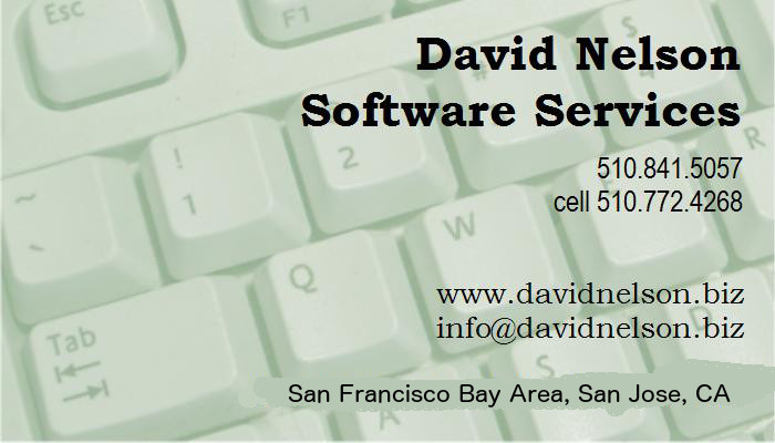 David Nelson Software Services Business Card with a computer keyboard in the background